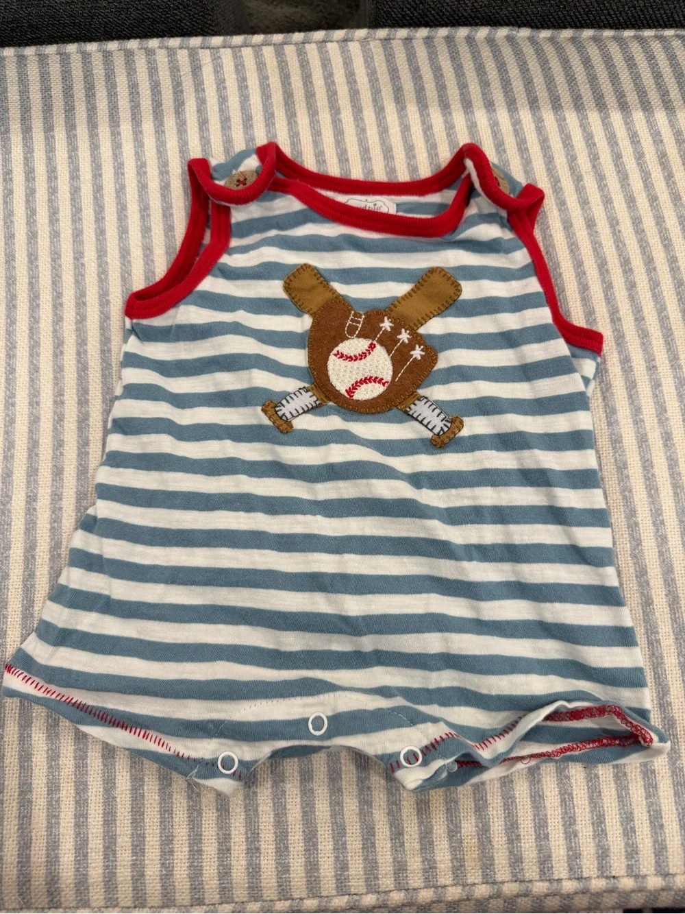 Mud Pie, Striped Blue & White Baby Romper with Red Trim, size 3-6m